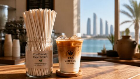 Cafe counter in Abu Dhabi displaying paper straws next to iced coffee