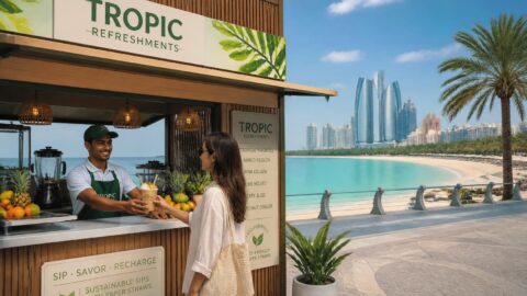 Abu Dhabi Corniche with a beachside kiosk serving drinks with paper straws