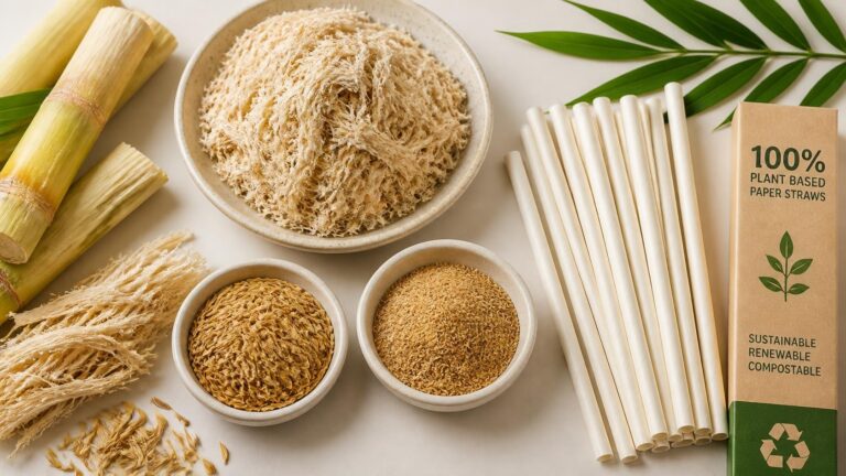 Raw materials including sugarcane bagasse and rice husk fiber for sustainable straws