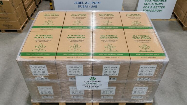 Stack of eco-friendly paper straws packaged for export to the UAE