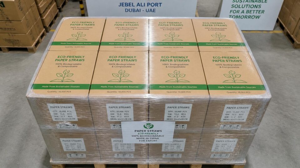 Stack of eco-friendly paper straws packaged for export to the UAE