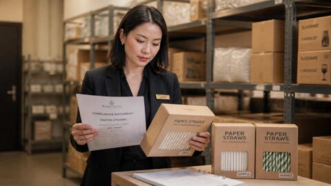 Procurement manager reviewing paper straw samples in a Cairo hotel storeroom
