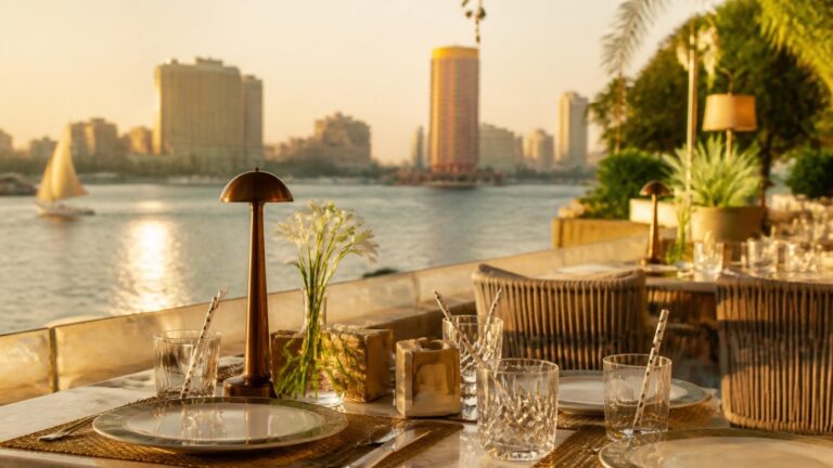 Nile-side restaurant terrace in Cairo with outdoor dining setup
