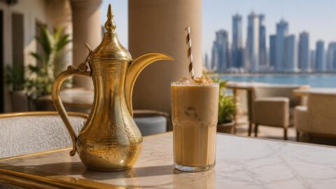 Traditional dallah coffee pot next to a modern drink with a paper straw in Doha