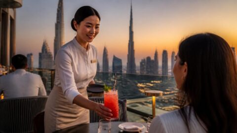 Waiter serving a drink with a paper straw at a Dubai rooftop restaurant