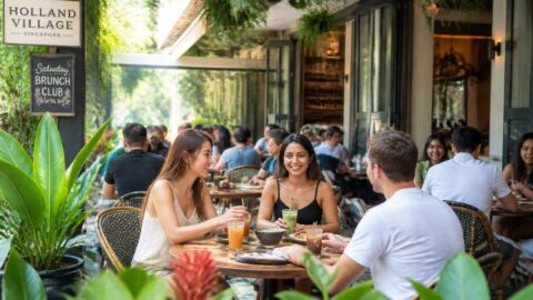 Holland Village cafe terrace in Singapore with brunch drinks and paper straws