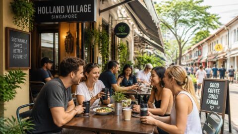 Holland Village cafe terrace in Singapore with reusable coffee cups and brunch drinks