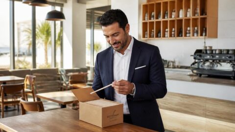 Restaurant owner inspecting a sample box of paper straws in Jeddah