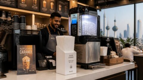 Kuwait City cafe counter with paper straw dispenser