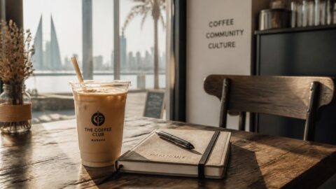 Morning light on a cafe table in Manama with a coffee and paper straw