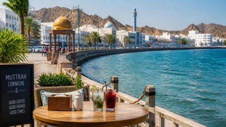 Muttrah Corniche in Muscat with a beachfront cafe in the foreground