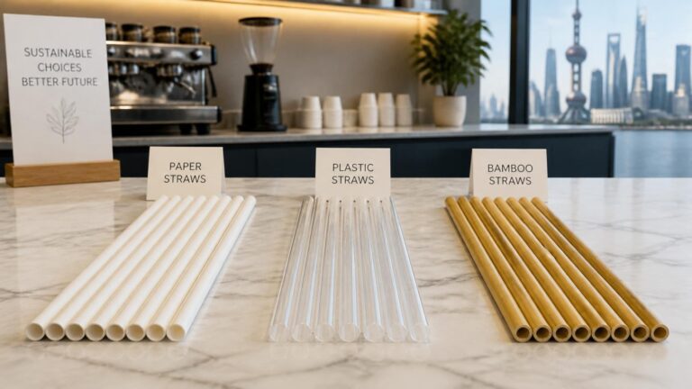 Three straw types — paper, plastic, and bamboo — laid side by side on a table