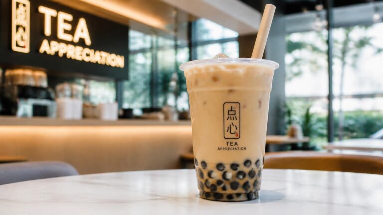 Bubble tea drink with a wide boba-grade paper straw in Singapore