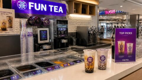 Bubble tea shop counter and cup-sealing machinery in Bugis, Singapore