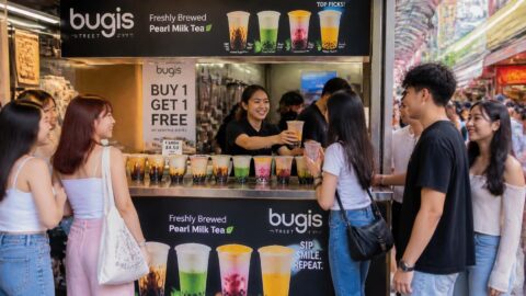 Bugis Street bubble tea kiosk in Singapore displaying colorful drinks in clear cups