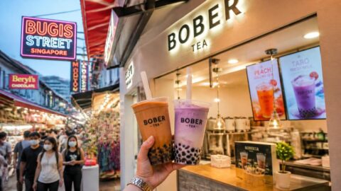 Trendy bubble tea stall in Bugis Street, Singapore serving drinks with paper straws