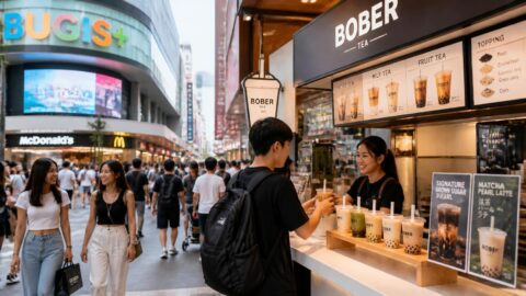 Bugis youth culture district in Singapore with busy shopping crowds and bubble tea kiosks