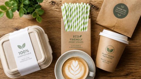 Sustainable cafe packaging and paper straw display in Singapore