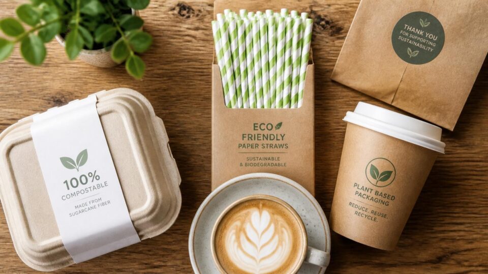 Sustainable cafe packaging and paper straw display in Singapore