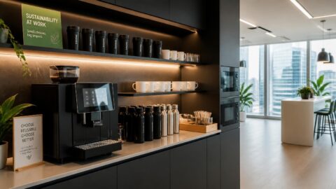 Modern corporate office pantry in Tanjong Pagar, Singapore featuring reusable cups