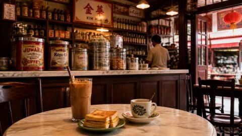 Traditional kopitiam counter and table setting in Singapore's Chinatown