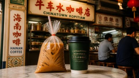 Traditional plastic-bag kopi next to a modern paper cup in Singapore's Chinatown