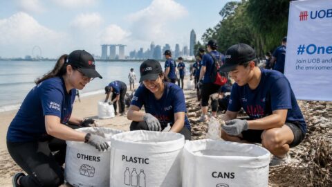 Volunteers participating in a coastal beach cleanup in Singapore
