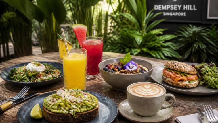 Gourmet weekend brunch table setting with paper straws at Dempsey Hill, Singapore