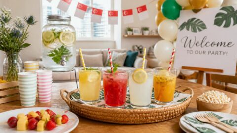 Family party setting in Singapore featuring drinks with paper straws