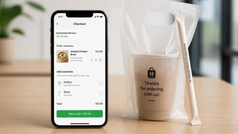 Food delivery app checkout screen showing opt-in paper straw settings