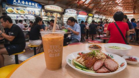 Singapore hawker centre drink stall serving beverages with paper straws