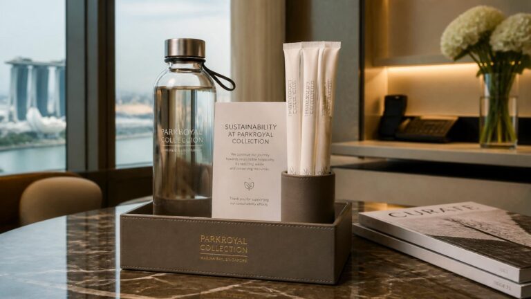 Hotel room service and welcome amenity kit featuring paper straws in Singapore