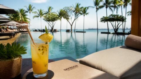 Luxury resort poolside bar in Singapore serving drinks with paper straws