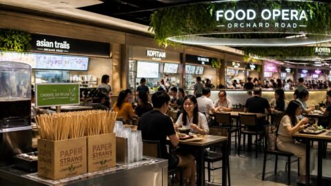 Modern mall food court in Singapore offering paper straws to shoppers