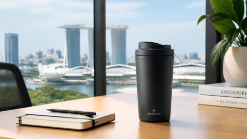 Reusable coffee tumbler on a desk as a sustainable alternative to paper cups in Singapore