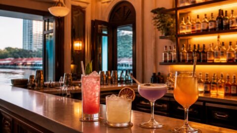 Craft cocktail bar counter in a Singapore riverside shophouse serving drinks with paper straws