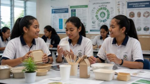 Singapore students learning about plastic pollution and sustainable alternatives in a classroom