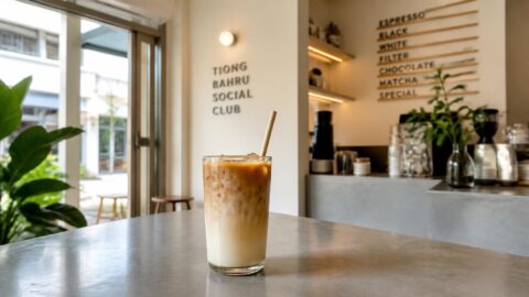 Specialty coffee iced latte with a paper straw in a Singapore cafe