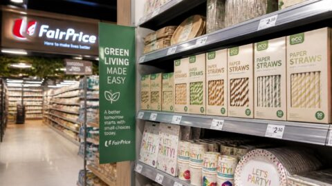 Paper straw boxes displayed on a Singapore supermarket shelf next to party supplies