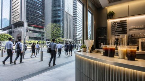 Tanjong Pagar financial district in Singapore with a modern cafe counter serving drinks with paper straws
