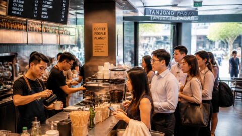 Busy specialty coffee shop in Tanjong Pagar serving office workers during the morning rush