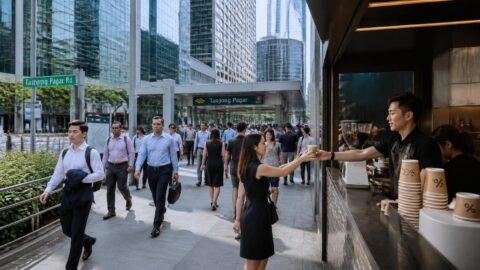 Morning coffee rush and paper takeaway cups in Tanjong Pagar, Singapore