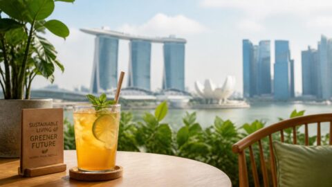 Singapore skyline view from a sustainable cafe serving drinks with paper straws