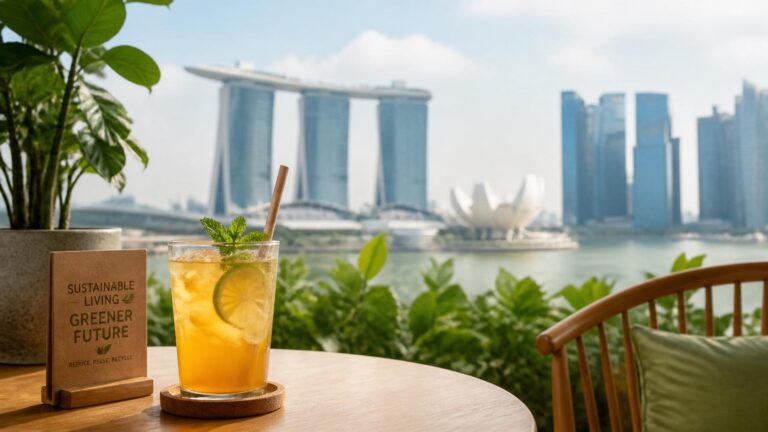 Singapore skyline view from a sustainable cafe serving drinks with paper straws