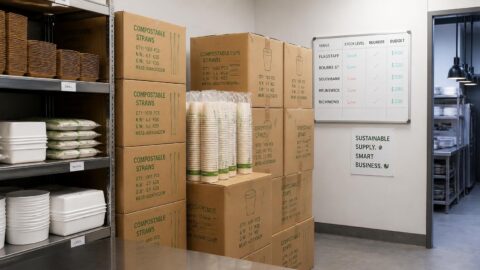 Stacked bulk cartons of compostable straws in a multi-venue Australian restaurant stockroom