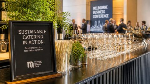 Professional catering bar setup with eco-friendly compostable straws at an Australian corporate event