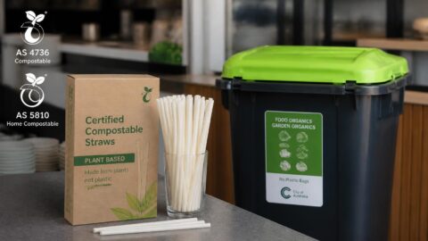Certified compostable straw packaging with AS 4736 and AS 5810 logos next to an Australian FOGO bin