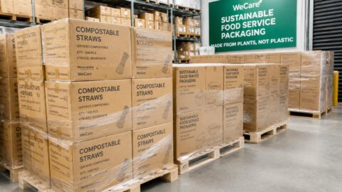 Organized bulk shipping boxes of compostable straws in an Australian hospitality supply warehouse