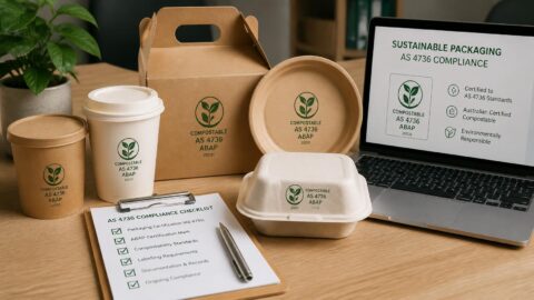 Certified compostable packaging displaying Australian AS 4736 standards next to a compliance checklist