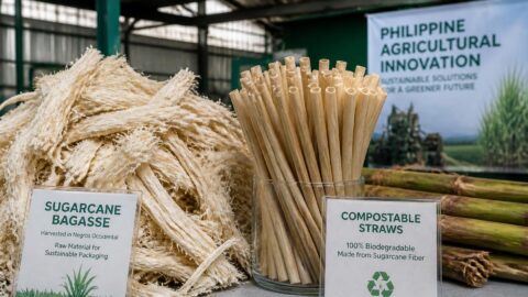 Harvested sugarcane bagasse fibers next to compostable straw samples in Bacolod